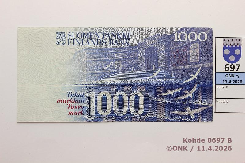 k-0697-b.jpg - Kohde 697 (kuva 2/2), l�ht�hinta: 80 &euro; / ei tarjouksia 1000 mk 1986 LA SNY 201.3.1 8010196349 KU II-Ko2, kunto: 6