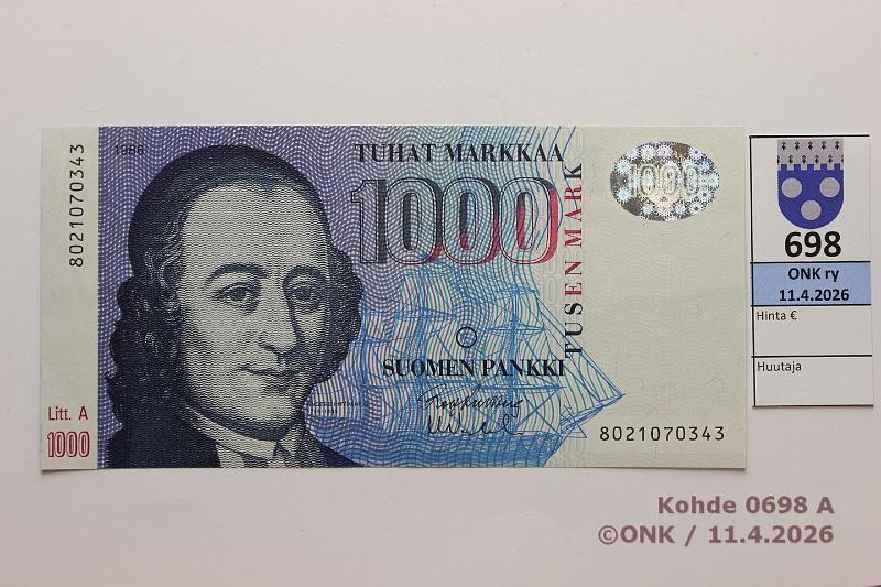 k-0698-a.jpg - Kohde 698 (kuva 1/2), l�ht�hinta: 90 &euro; / ei tarjouksia 1000 mk 1986 LA SNY 201.3.1 8021070343 KU II-Va2, kunto: 8