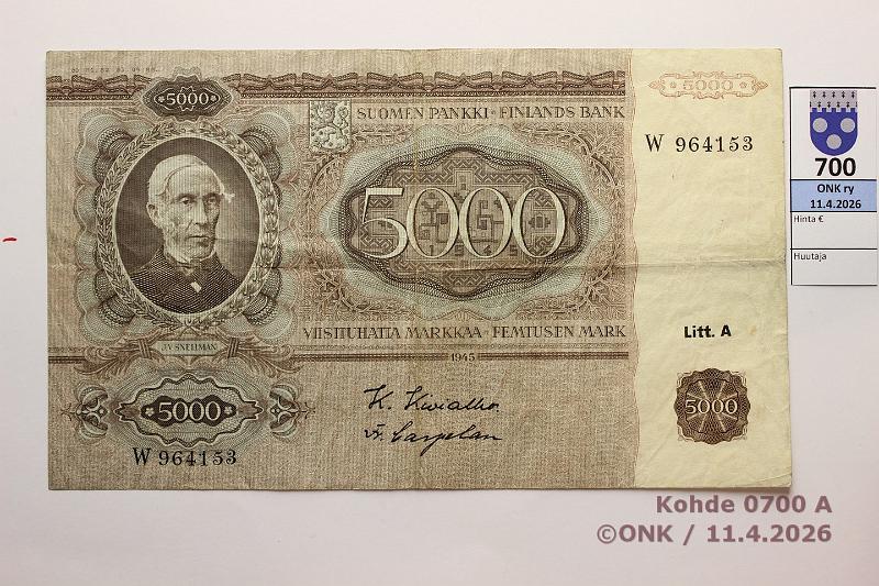 k-0700-a.jpg - Kohde 700 (kuva 1/2), l�ht�hinta: 200 &euro; / myyntihinta: 290 &euro;  5000 mk   1945 LA   SNY 204.1.1 W964153 KIV-Car , kunto:  4 