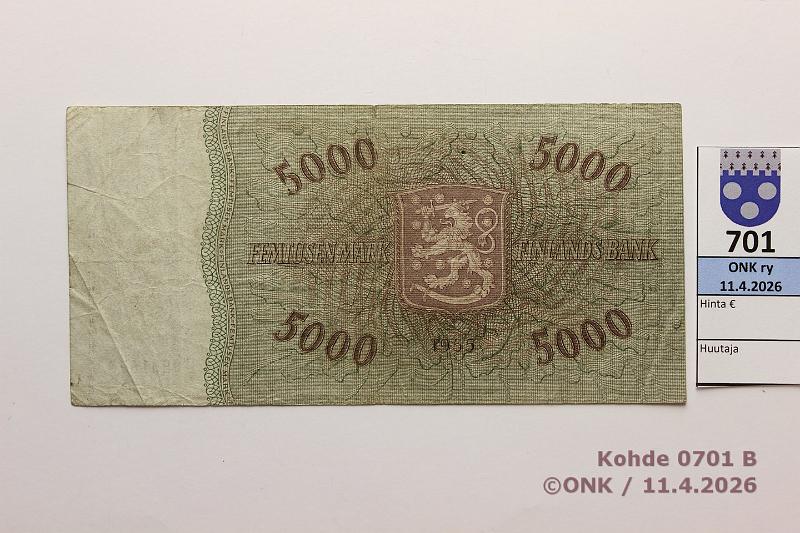 k-0701-b.jpg - Kohde 701 (kuva 2/2), l�ht�hinta: 80 &euro; / myyntihinta: 80 &euro; 5000 mk 1955 SNY 205.1.1 B0801639  LEI-Eng , harv ak-pari (v), prep, likaa , kunto: 3