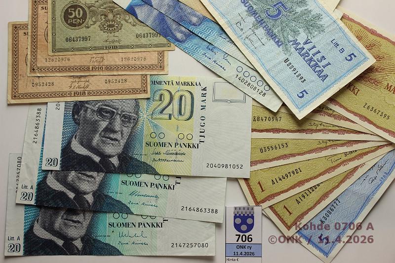 k-0706-a.jpg - Kohde 706, l�ht�hinta: 10 &euro; / myyntihinta: 10 &euro; 50 p - 20 mk 1916-93 (17)   50p  -18;  1mk  -16, -18, -63(6);  5mk  -63LA+LB;  10mk  -80, -86(2);  20mk  -93, -93LA(2), kunto: 3-9