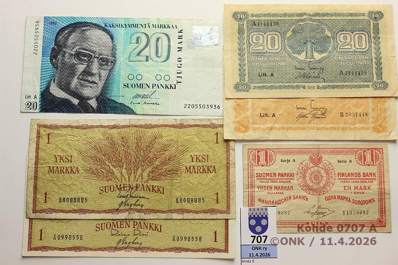 k-0707-a.jpg - Kohde 707, l�ht�hinta: 7 &euro; / myyntihinta: 7 &euro; 1 - 20 mk 1915-93 (6)   1mk  -15SA, -63(� kl8 ja �); 5mk -45LA; 20mk -45LA, -93LA, kunto: 3-5, 8