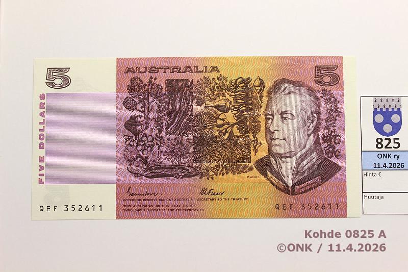 k-0825-a.jpg - Kohde 825 (kuva 1/2), l�ht�hinta: 10 &euro; / ei tarjouksia Australia 5 $ ND(1974-91) P#39c Hyvin kevyt keskitaite, kunto: 8