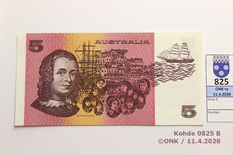 k-0825-b.jpg - Kohde 825 (kuva 2/2), l�ht�hinta: 10 &euro; / ei tarjouksia Australia 5 $ ND(1974-91) P#39c Hyvin kevyt keskitaite, kunto: 8