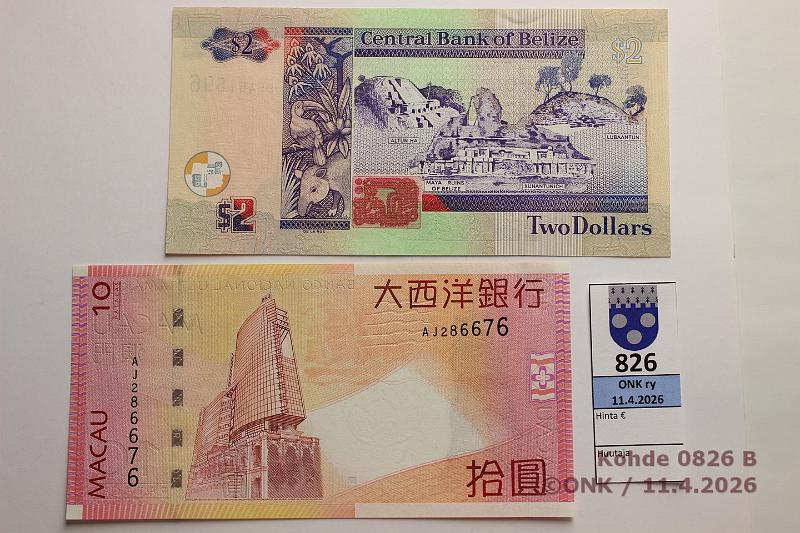 k-0826-b.jpg - Kohde 826 (kuva 2/2), l�ht�hinta: 5 &euro; / myyntihinta: 6 &euro; Belize ja Macao 2007, -05 P#66c, 80a Belize 2 $ Elizabeth II -07; Macao 10 patacas -05, kunto: 9