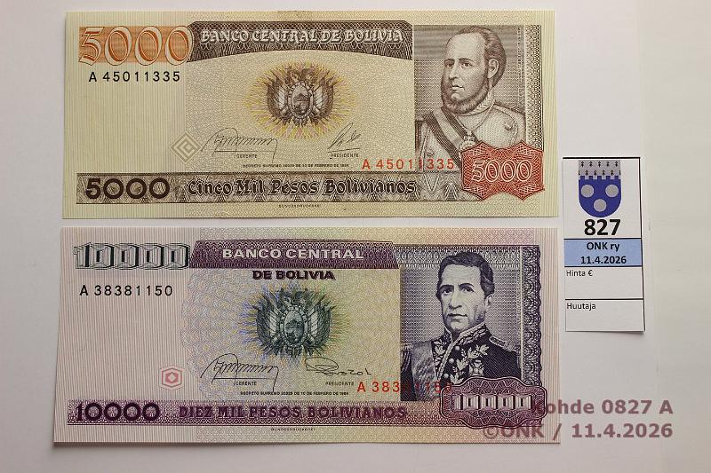 k-0827-a.jpg - Kohde 827 (kuva 1/2), l�ht�hinta: 5 &euro; / myyntihinta: 5 &euro; Bolivia 5000 + 10000 p 1984 P#168-9 Pesos Bolivianos, kunto: 8, 9