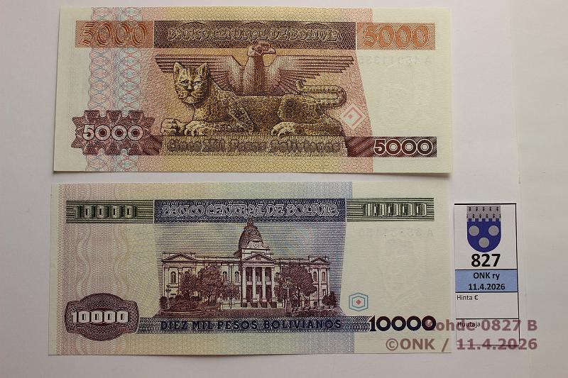 k-0827-b.jpg - Kohde 827 (kuva 2/2), l�ht�hinta: 5 &euro; / myyntihinta: 5 &euro; Bolivia 5000 + 10000 p 1984 P#168-9 Pesos Bolivianos, kunto: 8, 9