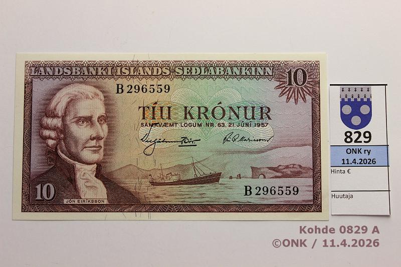 k-0829-a.jpg - Kohde 829 (kuva 1/2), l�ht�hinta: 10 &euro; / myyntihinta: 11 &euro; Islanti 10 kr 1957 P#38a Landsbanki �slands, painovirhe: Reykjavikurhofn, painuma kulmassa, kunto: 9