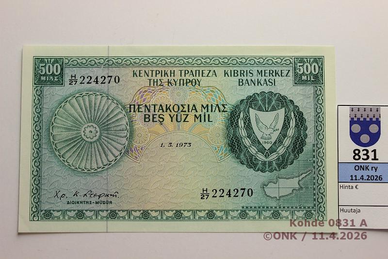 k-0831-a.jpg - Kohde 831 (kuva 1/2), l�ht�hinta: 35 &euro; / ei tarjouksia Kypros 500 mils 1973 P#42b H/27 224270, painuma kulmassa, kunto: 9