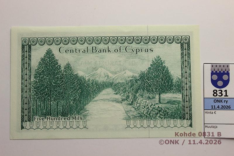 k-0831-b.jpg - Kohde 831 (kuva 2/2), l�ht�hinta: 35 &euro; / ei tarjouksia Kypros 500 mils 1973 P#42b H/27 224270, painuma kulmassa, kunto: 9