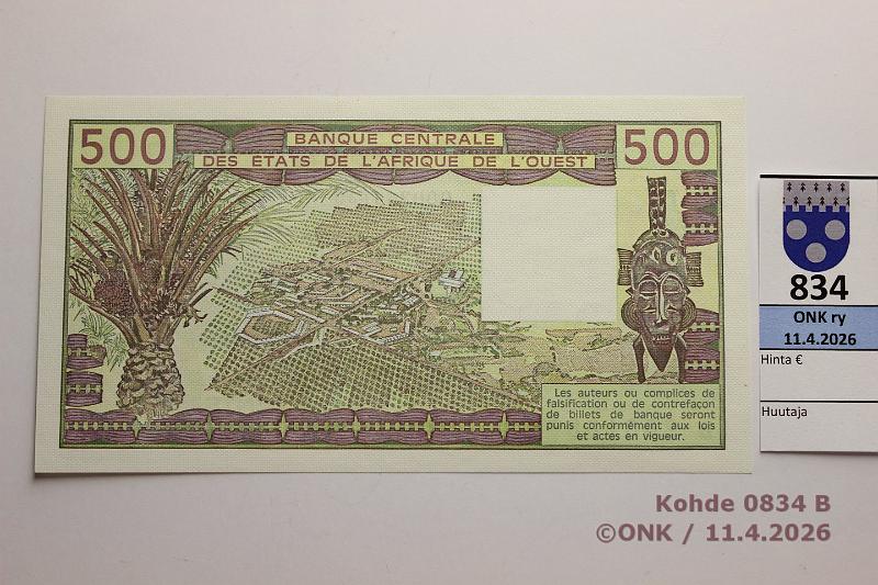 k-0834-b.jpg - Kohde 834 (kuva 2/2), l�ht�hinta: 10 &euro; / myyntihinta: 14 &euro; L�nsi Afrikan valtiot 500 fr 1981 P#206Bc B263139 (000263139), Benin, kunto: 9