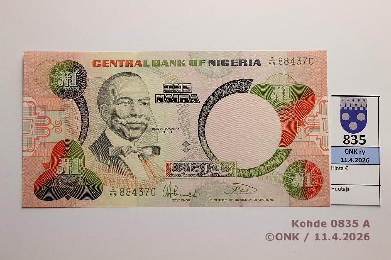 k-0835-a.jpg - Kohde 835 (kuva 1/2), l�ht�hinta: 50 &euro; / ei tarjouksia  Nigeria 1 naira   ND(1984) P#23b   X/59 884370, takasivun painatus puutteellinen, painuma , kunto:  9 