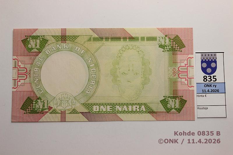 k-0835-b.jpg - Kohde 835 (kuva 2/2), l�ht�hinta: 50 &euro; / ei tarjouksia  Nigeria 1 naira   ND(1984) P#23b   X/59 884370, takasivun painatus puutteellinen, painuma , kunto:  9 