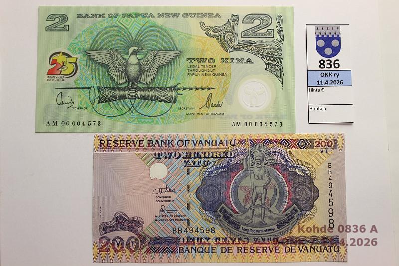k-0836-a.jpg - Kohde 836 (kuva 1/2), l�ht�hinta: 5 &euro; / myyntihinta: 10 &euro; Papua Uusi-Guinea ja Vanuatu 2000, 1995 P#21, 8b Papua Uusi-Guinea 2 kina -00, juhlaseteli; Vanuatu 200 vatu -95, kunto: 9
