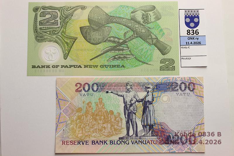 k-0836-b.jpg - Kohde 836 (kuva 2/2), l�ht�hinta: 5 &euro; / myyntihinta: 10 &euro; Papua Uusi-Guinea ja Vanuatu 2000, 1995 P#21, 8b Papua Uusi-Guinea 2 kina -00, juhlaseteli; Vanuatu 200 vatu -95, kunto: 9