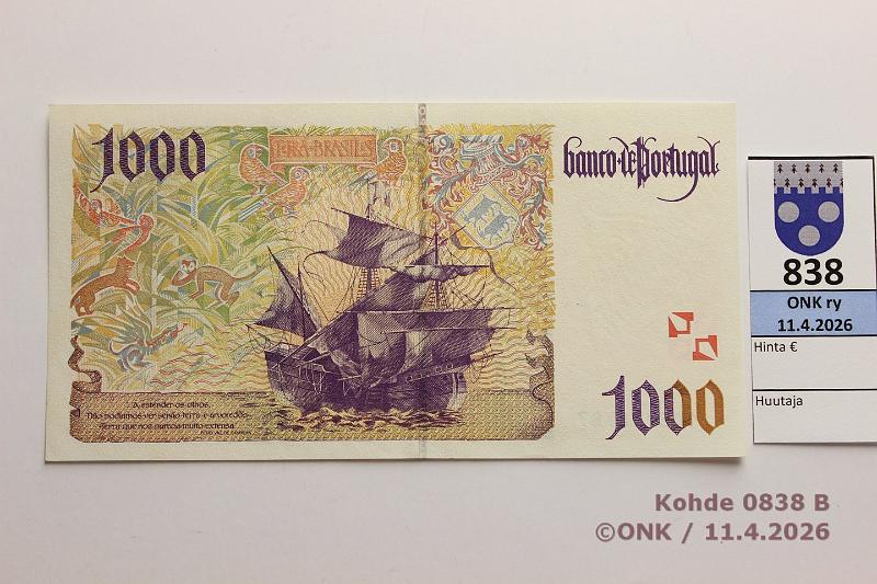 k-0838-b.jpg - Kohde 838 (kuva 2/2), l�ht�hinta: 10 &euro; / myyntihinta: 11 &euro; Portugali 1000 esc 2000 P#188d 1C6778787, kunto: 9