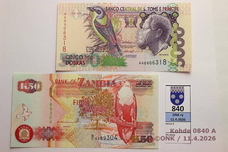 k-0840-a.jpg - Kohde 840 (kuva 1/2), l�ht�hinta: 5 &euro; / myyntihinta: 5 &euro; Sambia ja S�o Tom� & Pr�ncipe 1992, -96 P#37, 65a Sambia 50 kwacha; Sao Tome 5000 dobras, kunto: 9