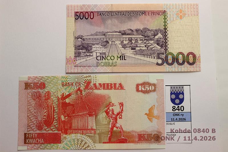 k-0840-b.jpg - Kohde 840 (kuva 2/2), l�ht�hinta: 5 &euro; / myyntihinta: 5 &euro; Sambia ja S�o Tom� & Pr�ncipe 1992, -96 P#37, 65a Sambia 50 kwacha; Sao Tome 5000 dobras, kunto: 9