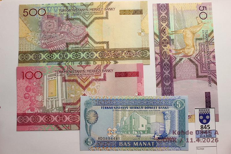 k-0845-a.jpg - Kohde 845 (kuva 1/2), l�ht�hinta: 5 &euro; / myyntihinta: 5 &euro; Turkmenistan 1993-2005 (4)   5 manat  -93 P#2;  50 ,  100 ,  500m  -05 P#17-19, kunto: 9