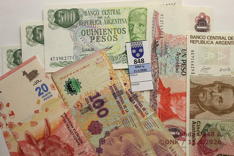 k-0848-a.jpg - Kohde 848, l�ht�hinta: 5 &euro; / myyntihinta: 5 &euro; Argentiina ND (10)   5 australe ,  1 peso ,  20p  Guanaco(3);  100p  Eva Peron(2, n�m� kl4);  500p (3), kunto: 8-9, 4