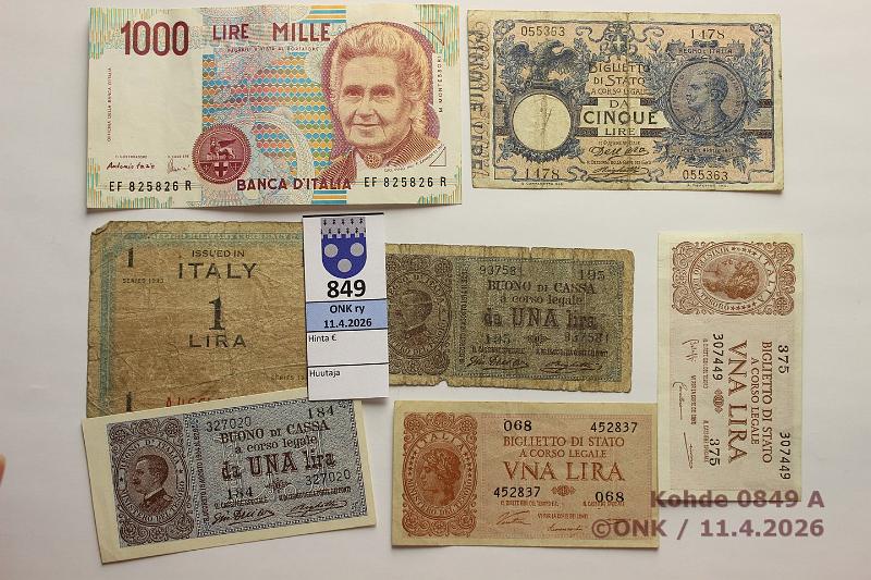 k-0849-a.jpg - Kohde 849 (kuva 1/2), l�ht�hinta: 10 &euro; / myyntihinta: 10 &euro; Italia 1904-90 (7)   1l  1914(2,  toinen kl 8 P#36 ), -43, -44(2);  5l  -04;  1000l  -90, kunto: 1-8