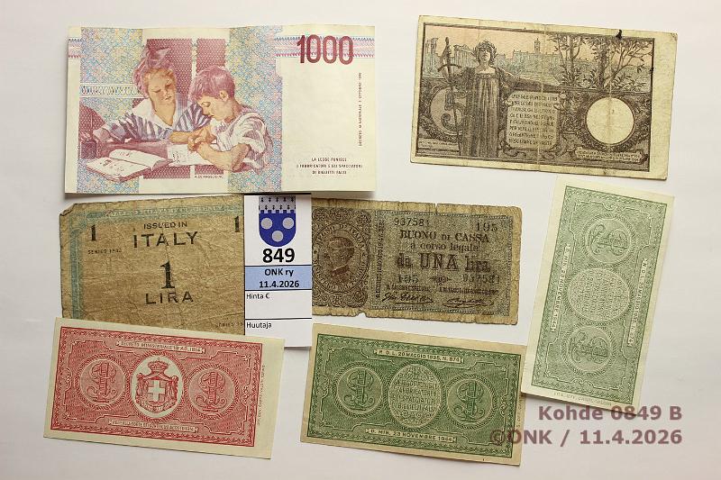 k-0849-b.jpg - Kohde 849 (kuva 2/2), l�ht�hinta: 10 &euro; / myyntihinta: 10 &euro; Italia 1904-90 (7)   1l  1914(2,  toinen kl 8 P#36 ), -43, -44(2);  5l  -04;  1000l  -90, kunto: 1-8