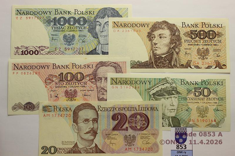 k-0853-a.jpg - Kohde 853, l�ht�hinta: 5 &euro; / myyntihinta: 5 &euro; Puola 1982-88 (5)   20 ,  500  ja  1000z  -82,  50  ja  100z  -88. P#142-149, kunto: 8-9