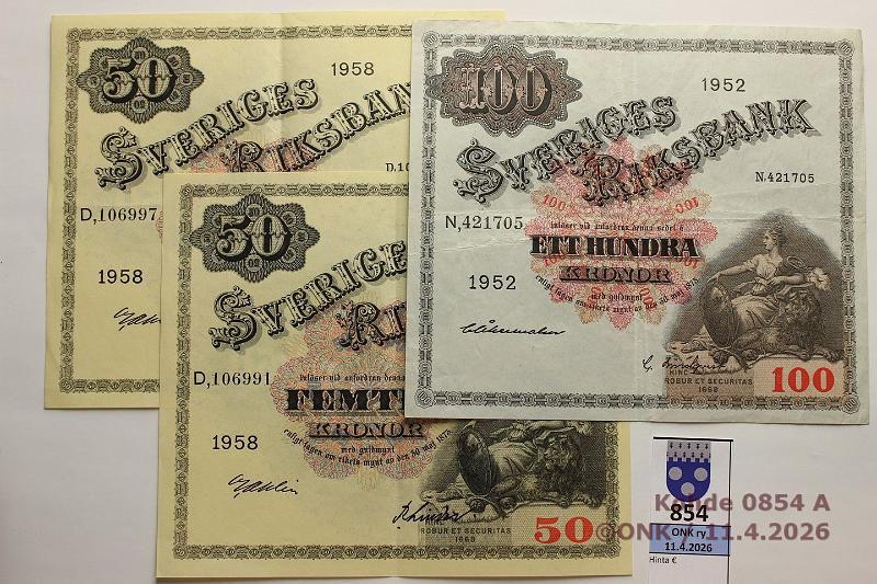 k-0854-a.jpg - Kohde 854 (kuva 1/2), l�ht�hinta: 50 &euro; / myyntihinta: 50 &euro; Ruotsi 1940-59 (13)   5k  -40, -54, -55, -59(kl7);  10k  -45, -56, -57(3kpl kl8-9), -58;  50k  -58(2kpl kl 6 ja 8);  100kr  -52, kunto: 3-9