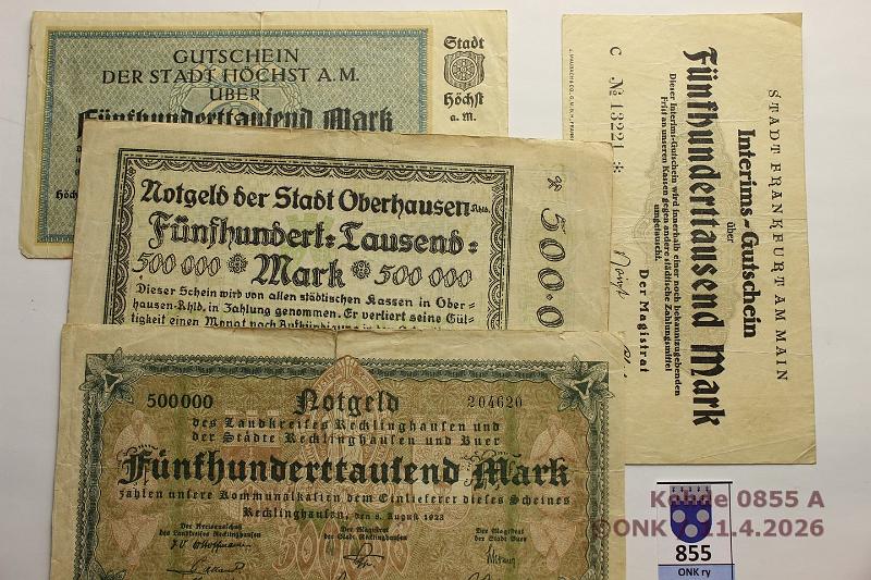 k-0855-a.jpg - Kohde 855 (kuva 1/2), l�ht�hinta: 5 &euro; / myyntihinta: 11 &euro; Saksa 1906-29 (15)   10mk  -06, -20;  20mk  -14(2), -29;  50mk  -14, -19;  100mk  -08(2), -20;  1000mk  -10;  500 000mk  -23(4 erilaista), kunto: 2-4