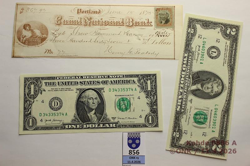 k-0856-a.jpg - Kohde 856 (kuva 1/2), l�ht�hinta: 5 &euro; / myyntihinta: 11 &euro; USA 1873, 2017(3) 1 + 2 $ 2017; shekki 1873, jossa 2c postimerkki, kunto: 9, 5