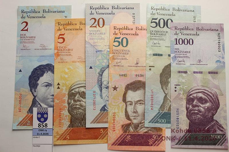 k-0858-a.jpg - Kohde 858, l�ht�hinta: 5 &euro; / myyntihinta: 5 &euro; Venezuela 2012-18 (6)   2bolivar  -12;  5b  -14;  20b  ja  50b  -18,  500b  ja  1000b  -17. Osassa painumia, kunto: 9