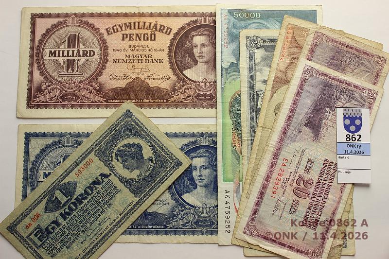 k-0862-a.jpg - Kohde 862, l�ht�hinta: 5 &euro; / myyntihinta: 5 &euro; Inflaatioseteleit� 1920-88 (8)   Unkari  1kor -20, 1mrd peng� -46(2 eri v�rist�);  Jugoslavia  20d -78(2), 100d -81, 20 000d -87, 50 000d -88, kunto: 2-5