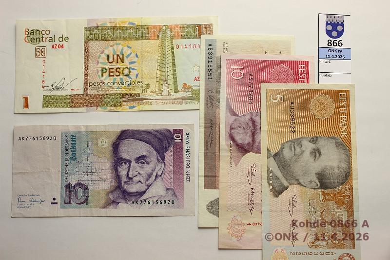 k-0866-a.jpg - Kohde 866, l�ht�hinta: 5 &euro; / myyntihinta: 6 &euro; Er� 1989-2013 (5)   Saksa  10DM -89;  Cuba  1 peso convertible -13;  Eesti  1kr -92, 5 ja 10kr -91, kunto: 4-5