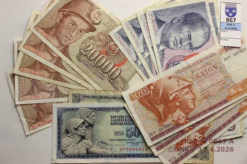 k-0867-a.jpg - Kohde 867, l�ht�hinta: 5 &euro; / myyntihinta: 5 &euro; Er� 1978-87 (16)   Kreikka  100dr(3);  Jugoslavia  100d, 1000d, 5000d(6), 20000d(5), kunto: 3-5