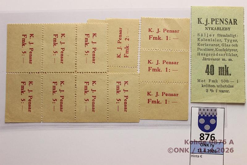 k-0876-a.jpg - Kohde 876 (kuva 1/2), l�ht�hinta: 10 &euro; / ei tarjouksia K.J. Pensar  1 mk(5), 2 mk(2), 3 mk(2), 5 mk(8) ja 40 mk lipukkeet, kunto: 7-9