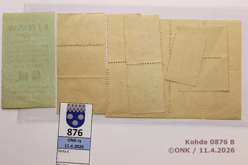k-0876-b.jpg - Kohde 876 (kuva 2/2), l�ht�hinta: 10 &euro; / ei tarjouksia K.J. Pensar  1 mk(5), 2 mk(2), 3 mk(2), 5 mk(8) ja 40 mk lipukkeet, kunto: 7-9