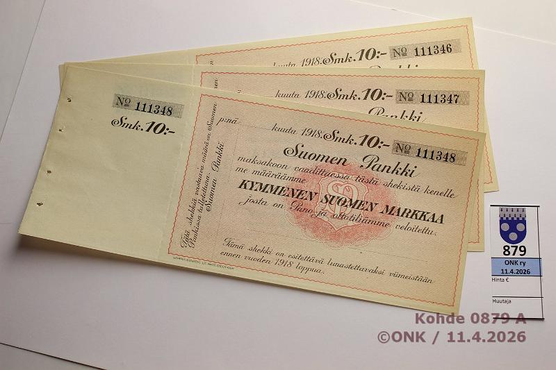 k-0879-a.jpg - Kohde 879, l�ht�hinta: 5 &euro; / myyntihinta: 7 &euro; Suomen Pankki 1918 (3) 10 mk shekit, kolme per�kk�ist� k�ytt�m�t�nt�, kunto: 9