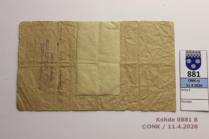 k-0881-b.jpg - Kohde 881 (kuva 2/2), l�ht�hinta: 5 &euro; / myyntihinta: 11 &euro; Suomen Pankki 1918 5 mk shekki, n:o 01573 Sortavala, korjauksia, kunto: 3