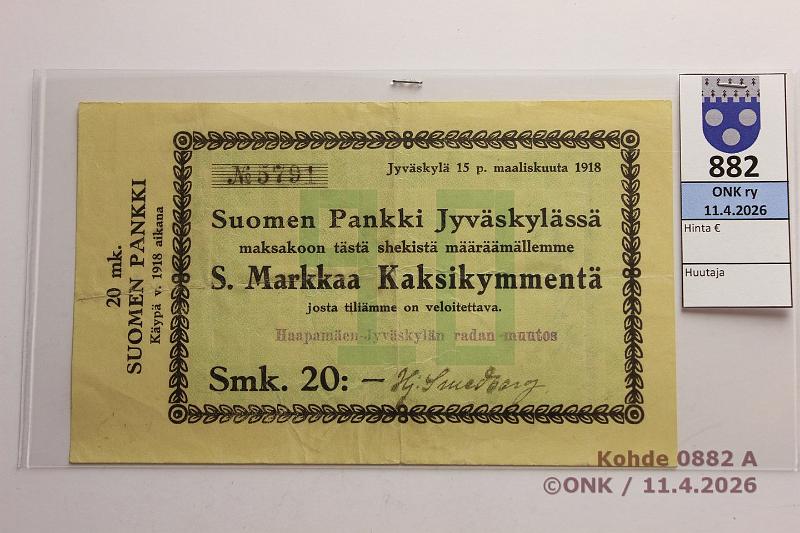 k-0882-a.jpg - Kohde 882 (kuva 1/2), l�ht�hinta: 5 &euro; / myyntihinta: 29 &euro; Suomen Pankki 1918 20 mk shekki, n: 5791, Jyv�skyl�, kunto: 5