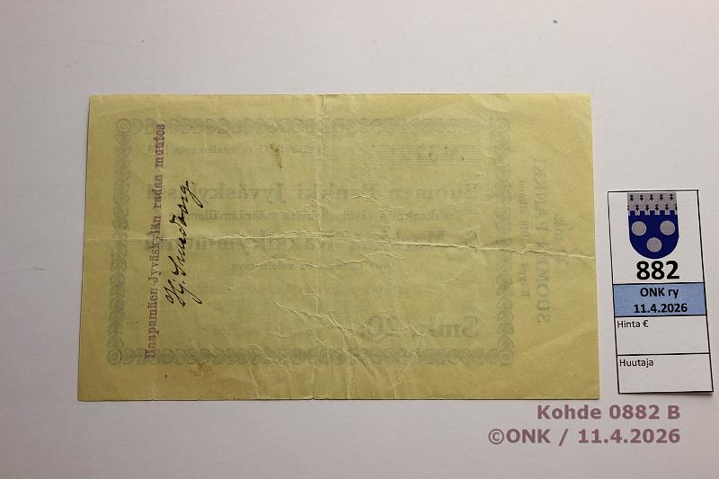 k-0882-b.jpg - Kohde 882 (kuva 2/2), l�ht�hinta: 5 &euro; / myyntihinta: 29 &euro; Suomen Pankki 1918 20 mk shekki, n: 5791, Jyv�skyl�, kunto: 5