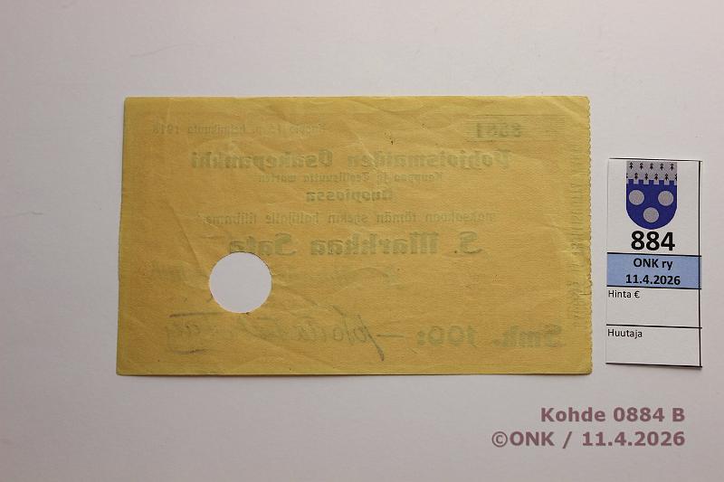 k-0884-b.jpg - Kohde 884 (kuva 2/2), l�ht�hinta: 5 &euro; / myyntihinta: 34 &euro; Pohjoismaiden Osakepankki 1918 100 mk shekki, n:o 3581, Kuopio, prep, kunto: 5