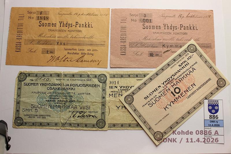 k-0886-a.jpg - Kohde 886 (kuva 1/2), l�ht�hinta: 5 &euro; / myyntihinta: 47 &euro; Suomen Yhdyspankki 1918 (5) 1mk maksum��r�ys, kaksi erilaista; 5mk rep�; 10mk kaksi erilaista (kl 8), Tampere, kunto: 5, 8