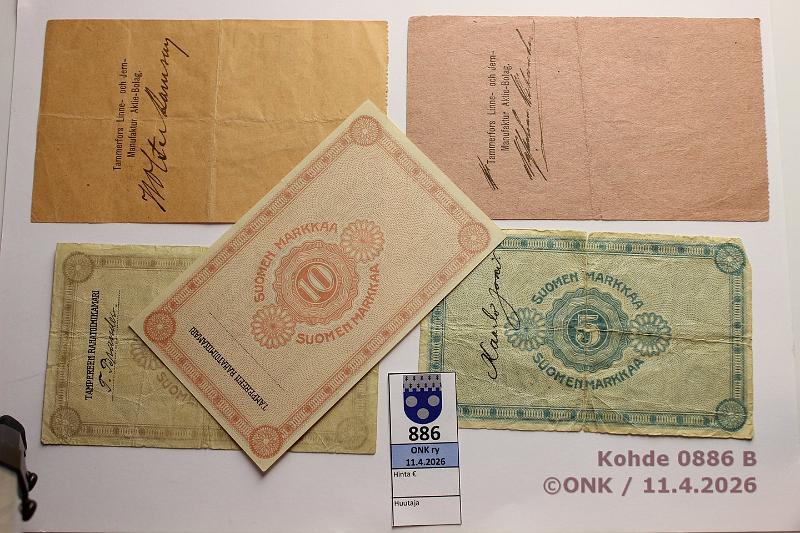 k-0886-b.jpg - Kohde 886 (kuva 2/2), l�ht�hinta: 5 &euro; / myyntihinta: 47 &euro; Suomen Yhdyspankki 1918 (5) 1mk maksum��r�ys, kaksi erilaista; 5mk rep�; 10mk kaksi erilaista (kl 8), Tampere, kunto: 5, 8