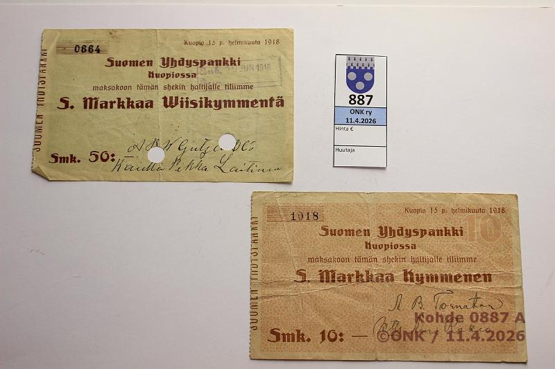 k-0887-a.jpg - Kohde 887 (kuva 1/2), l�ht�hinta: 5 &euro; / myyntihinta: 36 &euro; Suomen Yhdyspankki 1918 (2) 10 ja 50mk shekit, Kuopio, kunto: 4