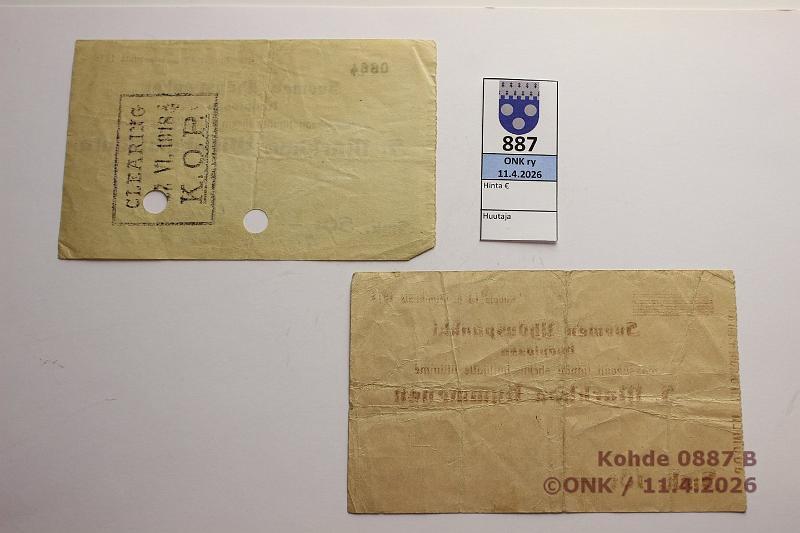 k-0887-b.jpg - Kohde 887 (kuva 2/2), l�ht�hinta: 5 &euro; / myyntihinta: 36 &euro; Suomen Yhdyspankki 1918 (2) 10 ja 50mk shekit, Kuopio, kunto: 4