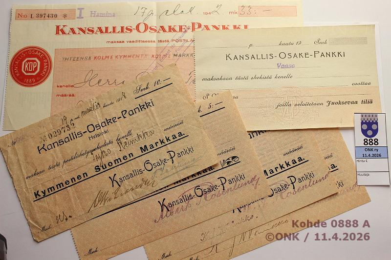 k-0888-a.jpg - Kohde 888, l�ht�hinta: 5 &euro; / myyntihinta: 32 &euro; Kansallis-Osake-Pankki 1918- (6) Postilahetysvekselit: 5mk, 10mk (2), 20mk Karstula. Avoin sekki Vaasa, kunto: 4