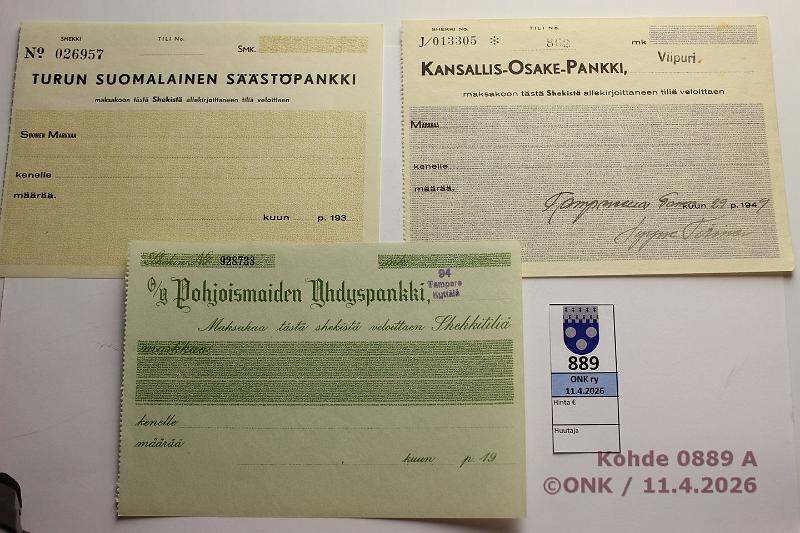 k-0889-a.jpg - Kohde 889, l�ht�hinta: 5 &euro; / myyntihinta: 8 &euro; Pankkishekit 193..? (3) Avoimet k�ytt�m�tt�m�t shekit Turun Suomalainen S��st�pankki 193.. ja Pohjoismaiden Yhdyspankki / Tampere Kytt�l� 19..; k�ytetty shekki KOP / Viipuri 1949, kunto: 8-9