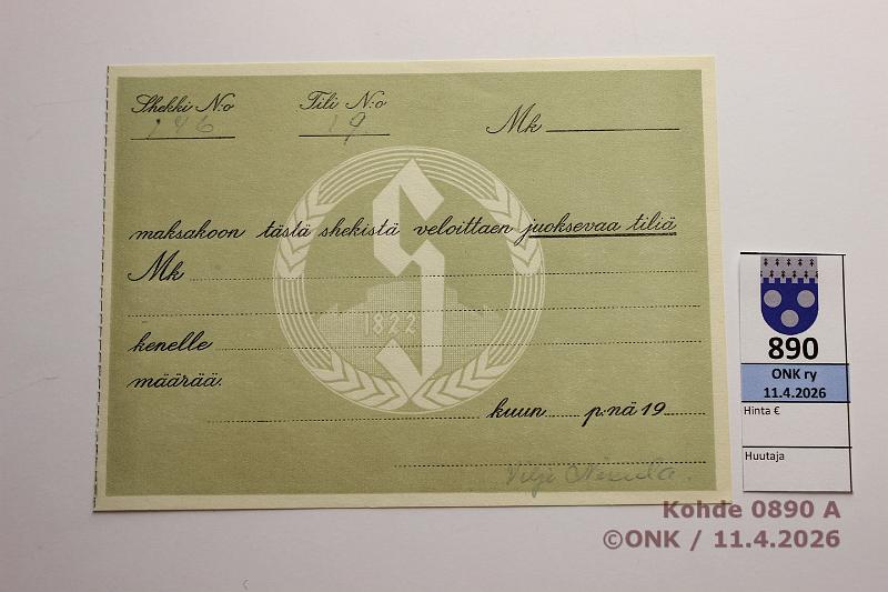 k-0890-a.jpg - Kohde 890 (kuva 1/2), l�ht�hinta: 5 &euro; / myyntihinta: 6 &euro; S��st�pankki 19.. Avoin k�ytt�m�t�n shekki n:o 196, tili 19, kunto: 9