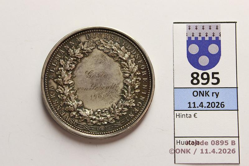 k-0895-b.jpg - Kohde 895 (kuva 2/2), l�ht�hinta: 30 &euro; / myyntihinta: 36 &euro; Hopeamitali 1900 Ag, 36,96g, 40mm. Svenska Allm�nna Djurskyddsf�reningen. Kaiverrettuna: G�sta von Schoultz 1900, hnja, kunto: 7