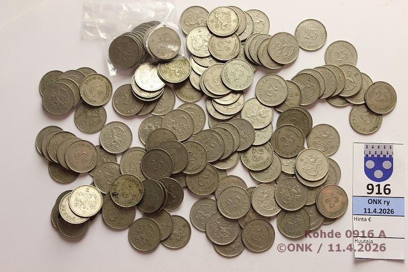 k-0916-a.jpg - Kohde 916, l�ht�hinta: 10 &euro; / myyntihinta: 10 &euro; Suomi 25 p 180 g 1921-38 CuNi n. 140 kpl. Mm 3x-25, 7x-27, 3x-29, kunto: 4-7